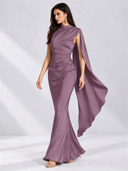 High Neck Mermaid Satin Lace Up Back Wedding Guest Dress with Cape
