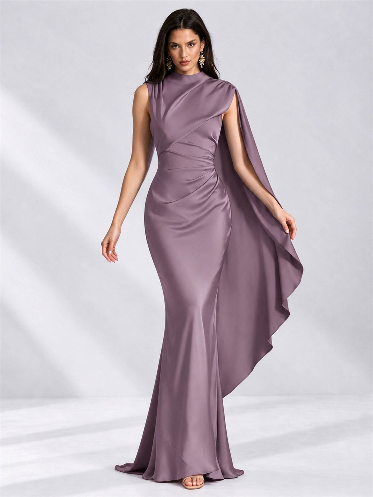 High Neck Mermaid Satin Lace Up Back Wedding Guest Dress with Cape