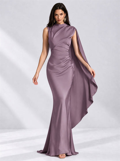 High Neck Mermaid Satin Lace Up Back Wedding Guest Dress with Cape