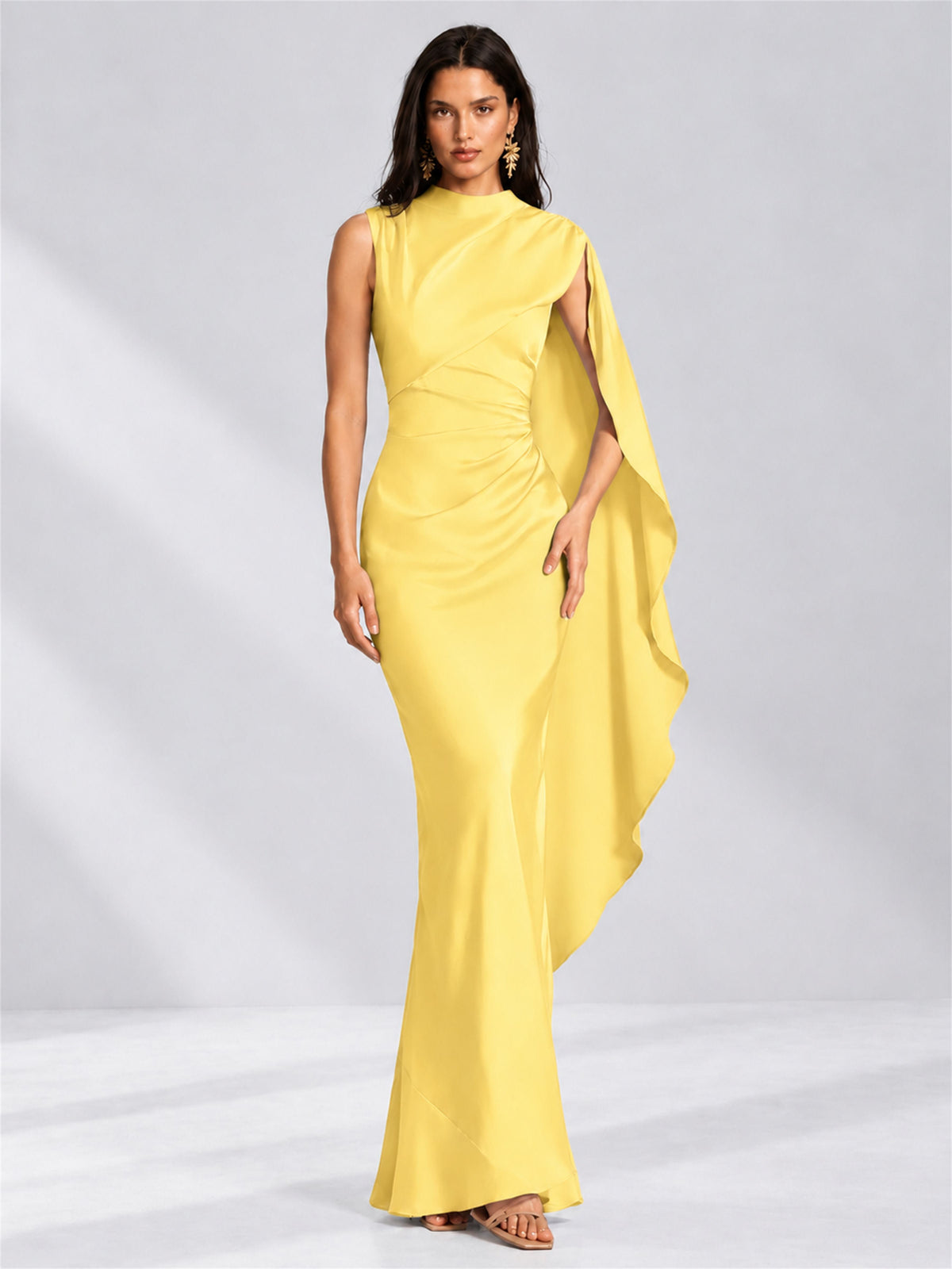 High Neck Mermaid Satin Lace Up Back Wedding Guest Dress with Cape