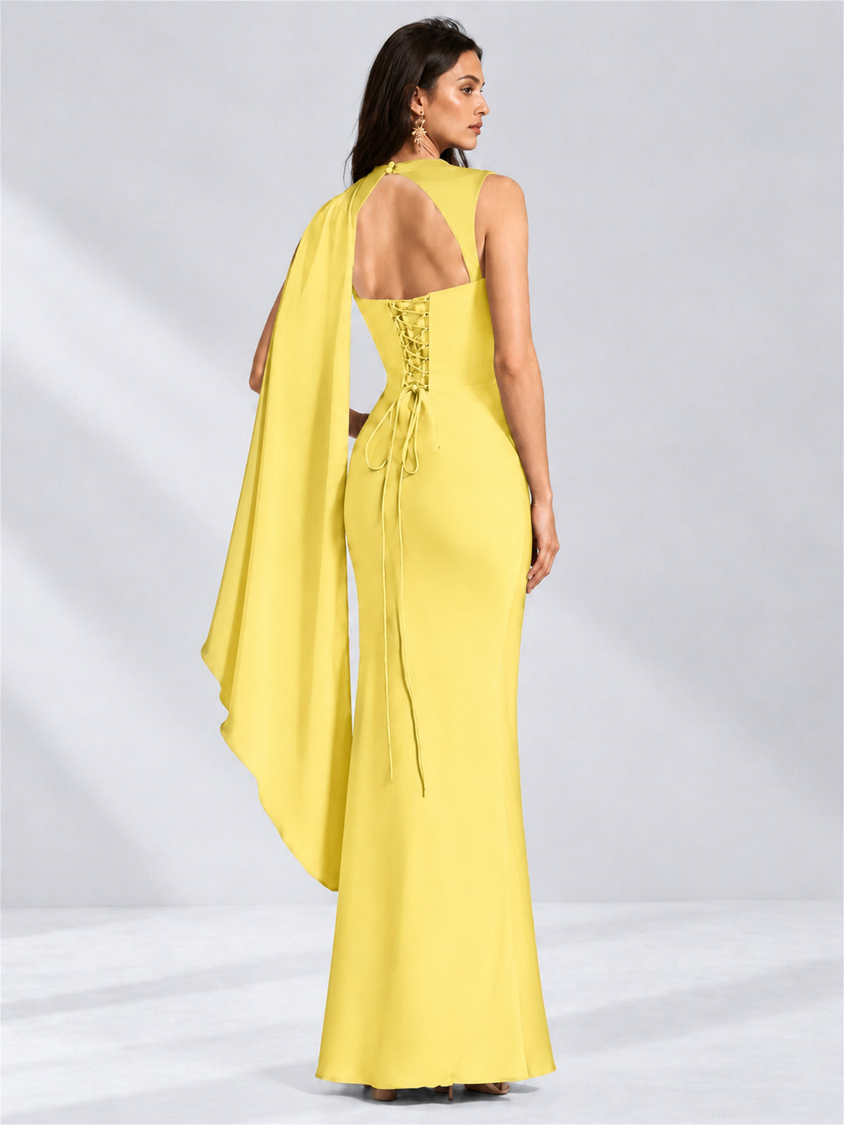 High Neck Mermaid Satin Lace Up Back Wedding Guest Dress with Cape