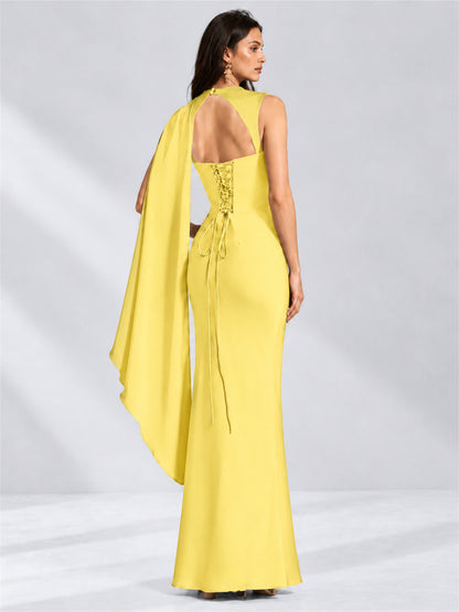 High Neck Mermaid Satin Lace Up Back Wedding Guest Dress with Cape