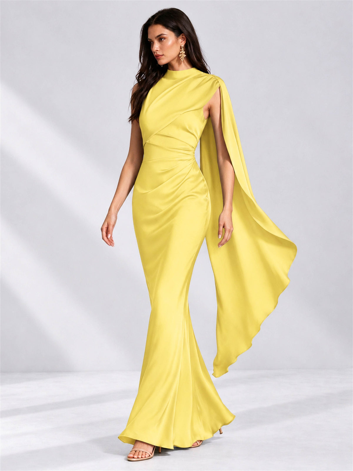 High Neck Mermaid Satin Lace Up Back Wedding Guest Dress with Cape