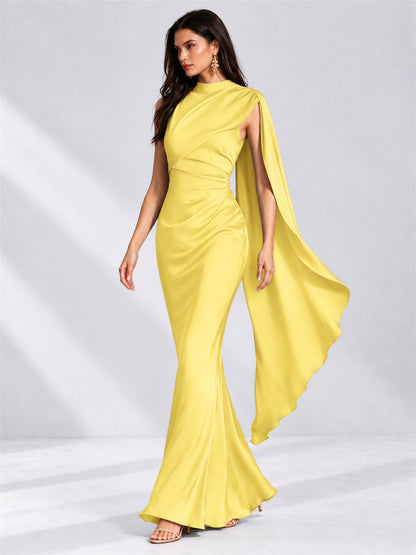 High Neck Mermaid Satin Lace Up Back Wedding Guest Dress with Cape