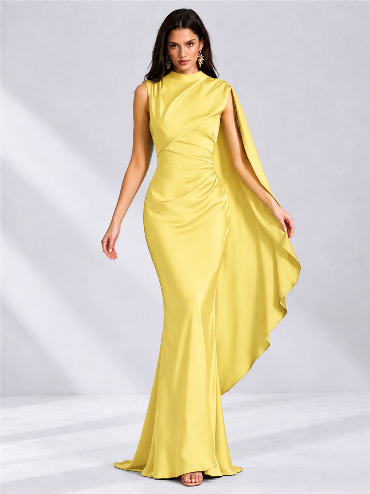 High Neck Mermaid Satin Lace Up Back Wedding Guest Dress with Cape