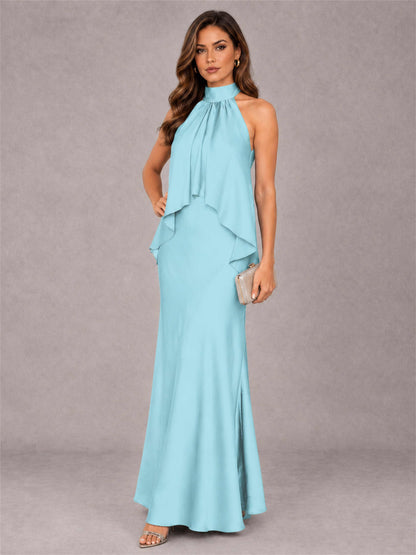 High Neck Sheath Satin Sleeveless Floor-Length Wedding Guest Dress