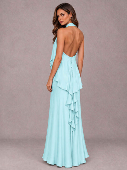 High Neck Sheath Satin Sleeveless Floor-Length Wedding Guest Dress