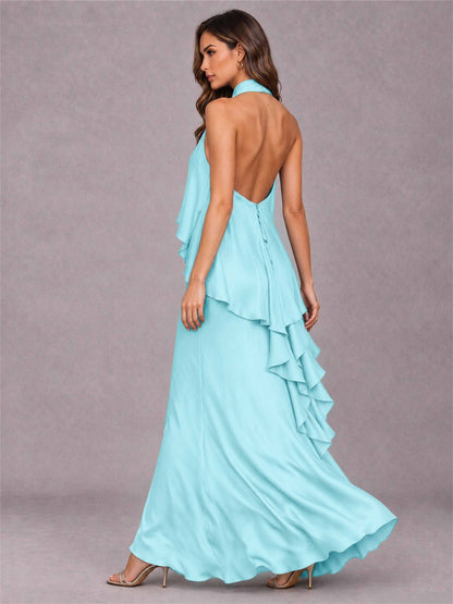 High Neck Sheath Satin Sleeveless Floor-Length Wedding Guest Dress