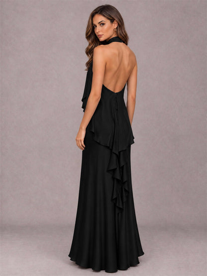 High Neck Sheath Satin Sleeveless Floor-Length Wedding Guest Dress