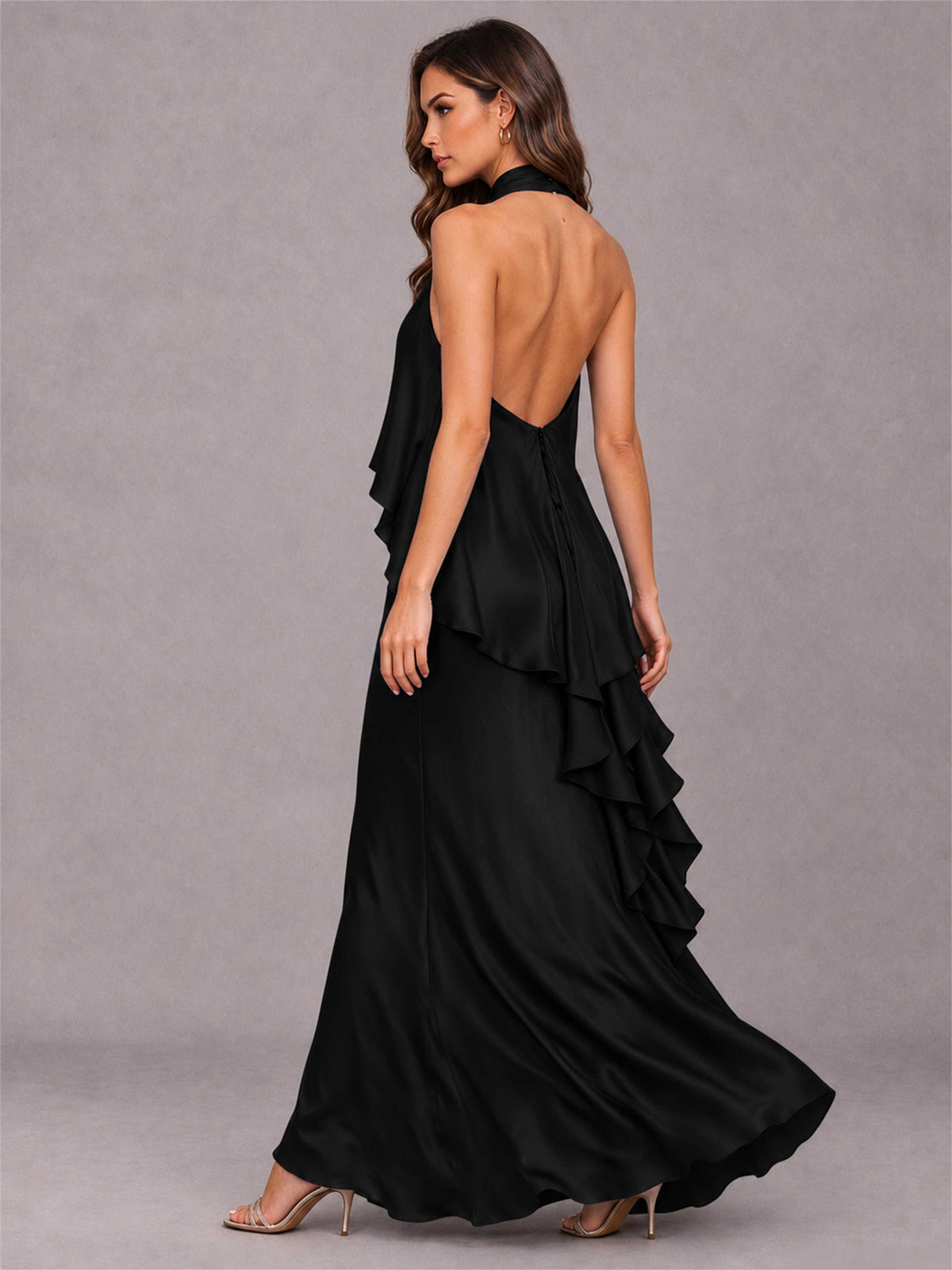 High Neck Sheath Satin Sleeveless Floor-Length Wedding Guest Dress