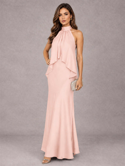 High Neck Sheath Satin Sleeveless Floor-Length Wedding Guest Dress