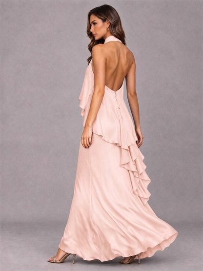High Neck Sheath Satin Sleeveless Floor-Length Wedding Guest Dress