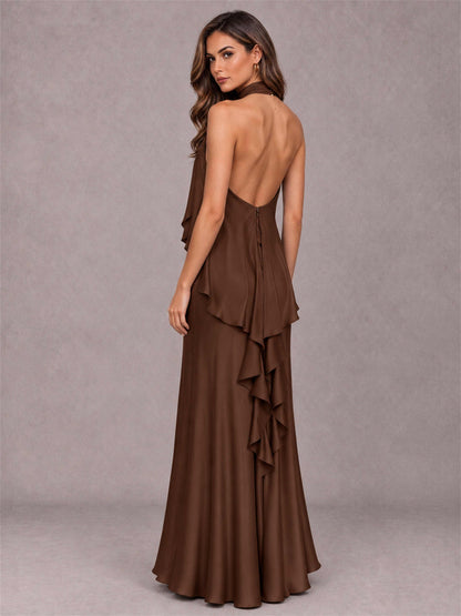 High Neck Sheath Satin Sleeveless Floor-Length Wedding Guest Dress