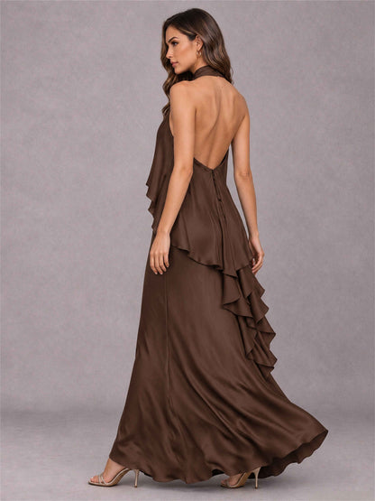 High Neck Sheath Satin Sleeveless Floor-Length Wedding Guest Dress