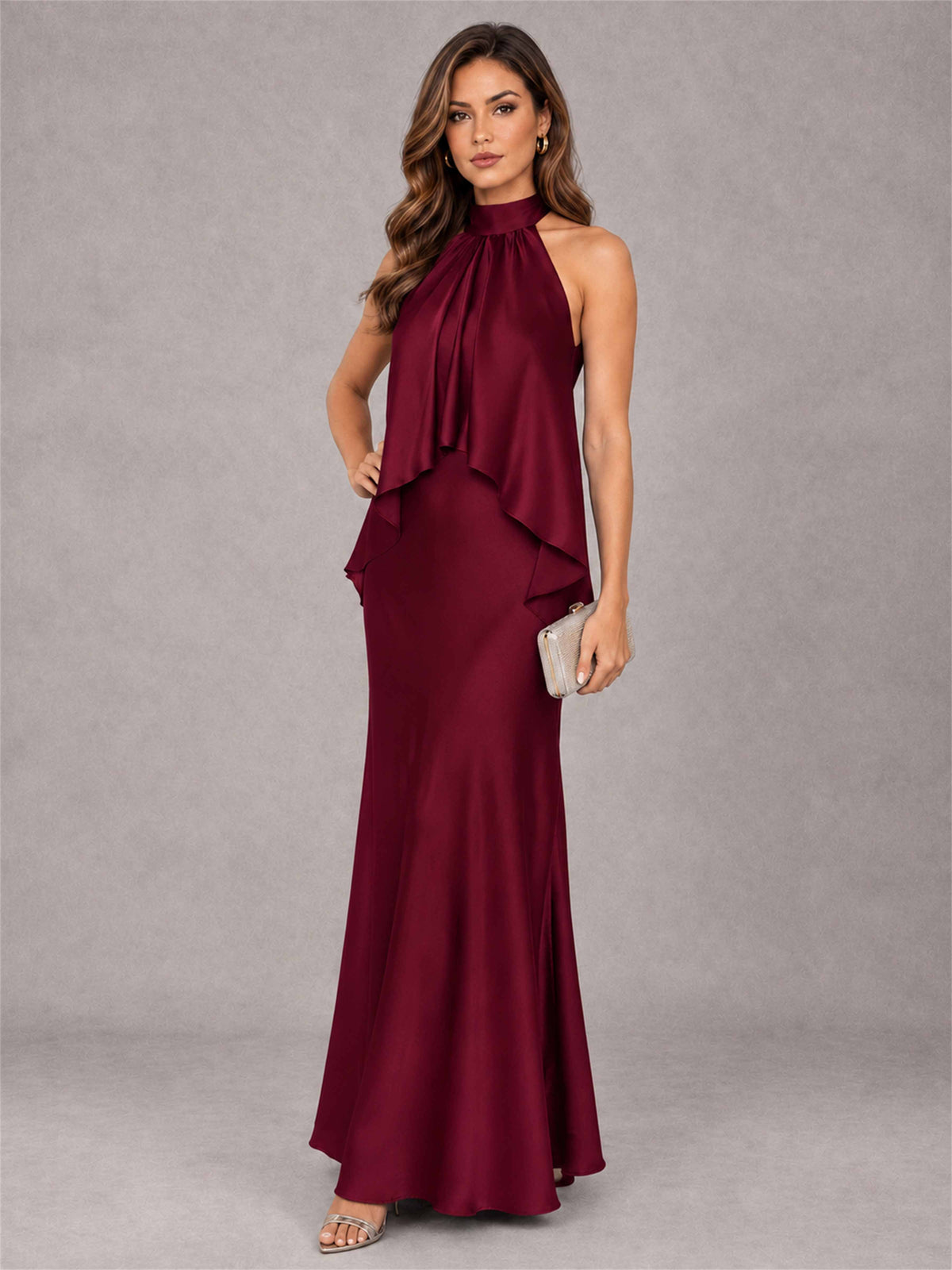 High Neck Sheath Satin Sleeveless Floor-Length Wedding Guest Dress