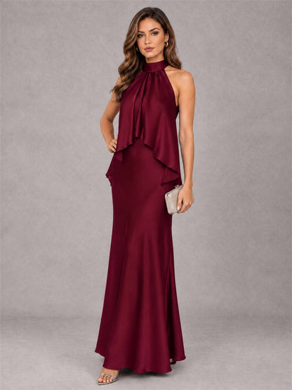 High Neck Sheath Satin Sleeveless Floor-Length Wedding Guest Dress