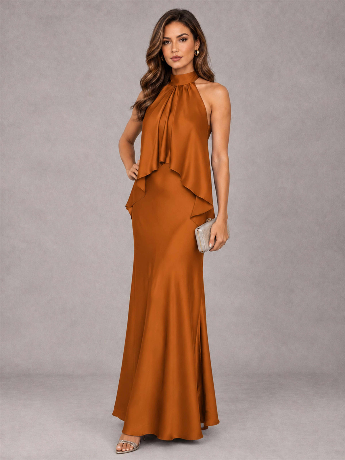High Neck Sheath Satin Sleeveless Floor-Length Wedding Guest Dress
