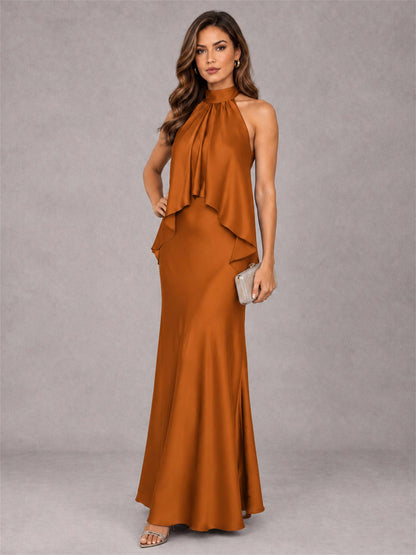High Neck Sheath Satin Sleeveless Floor-Length Wedding Guest Dress
