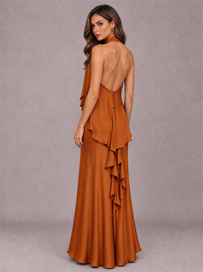 High Neck Sheath Satin Sleeveless Floor-Length Wedding Guest Dress