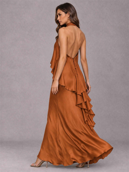 High Neck Sheath Satin Sleeveless Floor-Length Wedding Guest Dress