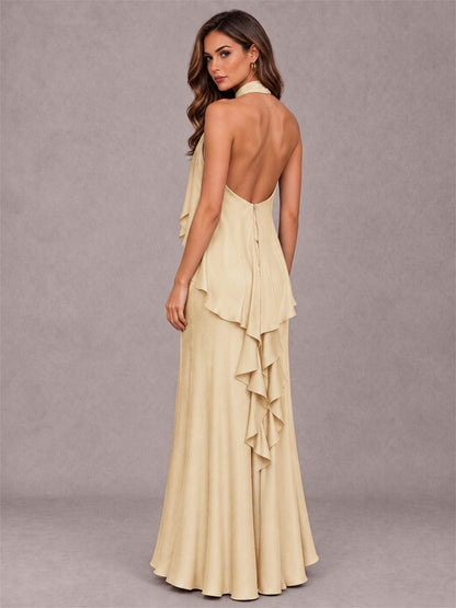 High Neck Sheath Satin Sleeveless Floor-Length Wedding Guest Dress