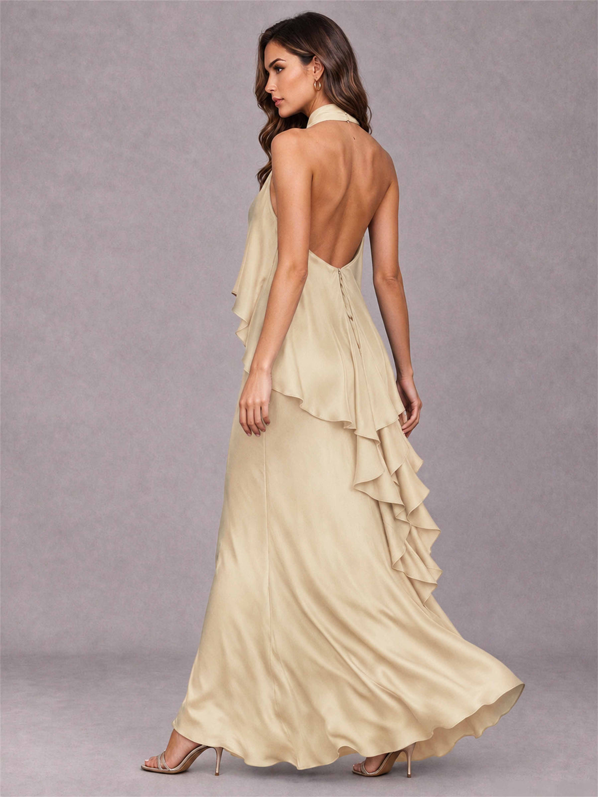 High Neck Sheath Satin Sleeveless Floor-Length Wedding Guest Dress