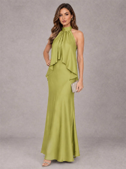 High Neck Sheath Satin Sleeveless Floor-Length Wedding Guest Dress