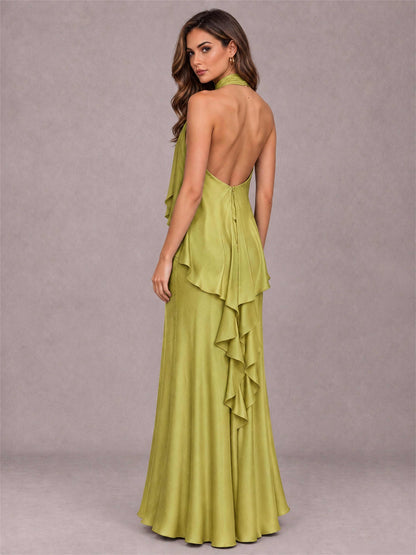 High Neck Sheath Satin Sleeveless Floor-Length Wedding Guest Dress