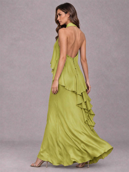 High Neck Sheath Satin Sleeveless Floor-Length Wedding Guest Dress