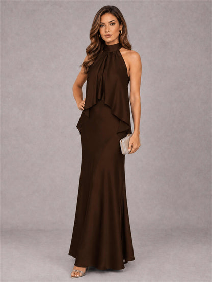 High Neck Sheath Satin Sleeveless Floor-Length Wedding Guest Dress