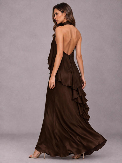 High Neck Sheath Satin Sleeveless Floor-Length Wedding Guest Dress