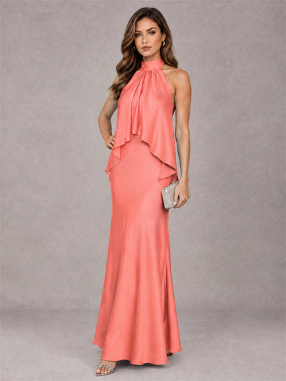 High Neck Sheath Satin Sleeveless Floor-Length Wedding Guest Dress