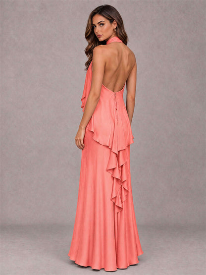High Neck Sheath Satin Sleeveless Floor-Length Wedding Guest Dress