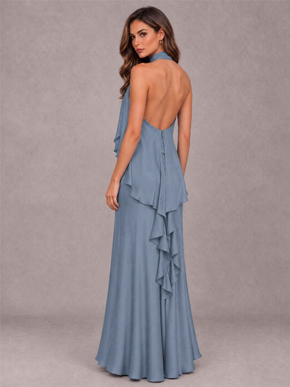 High Neck Sheath Satin Sleeveless Floor-Length Wedding Guest Dress