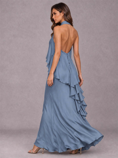 High Neck Sheath Satin Sleeveless Floor-Length Wedding Guest Dress
