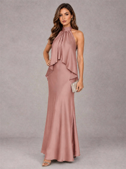 High Neck Sheath Satin Sleeveless Floor-Length Wedding Guest Dress