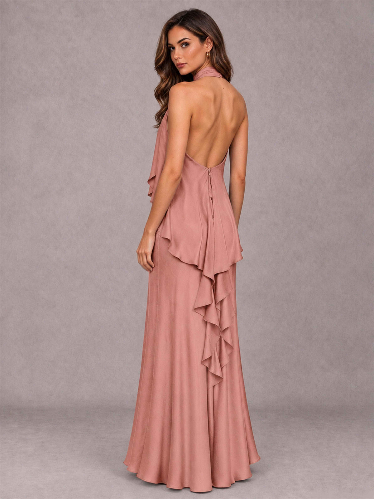 High Neck Sheath Satin Sleeveless Floor-Length Wedding Guest Dress