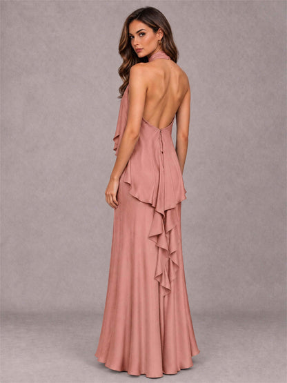 High Neck Sheath Satin Sleeveless Floor-Length Wedding Guest Dress