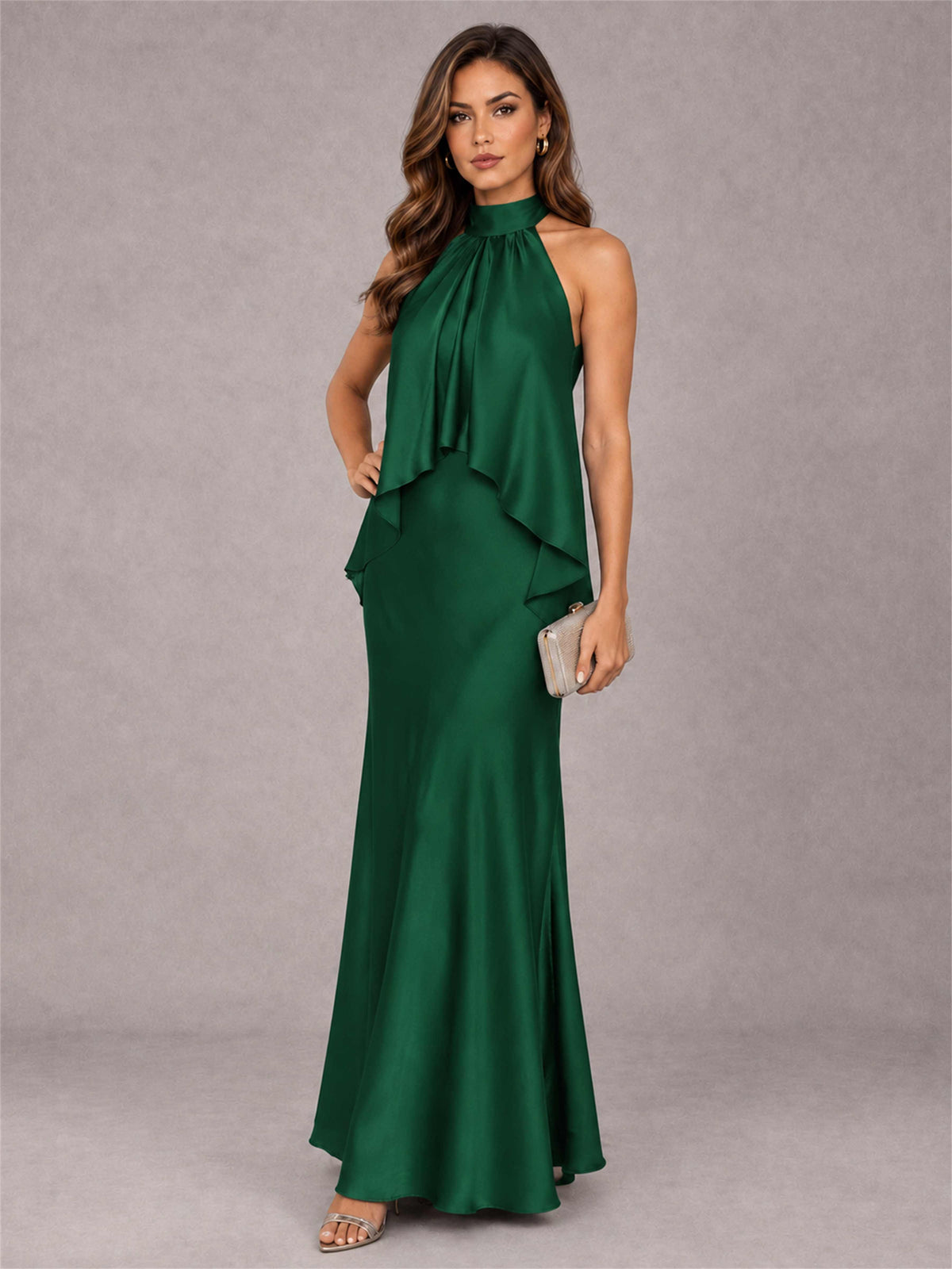 High Neck Sheath Satin Sleeveless Floor-Length Wedding Guest Dress