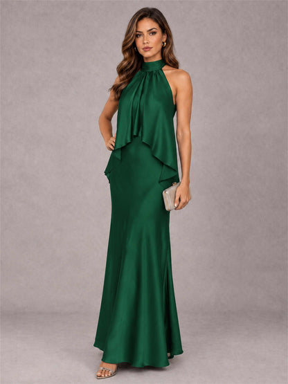 High Neck Sheath Satin Sleeveless Floor-Length Wedding Guest Dress