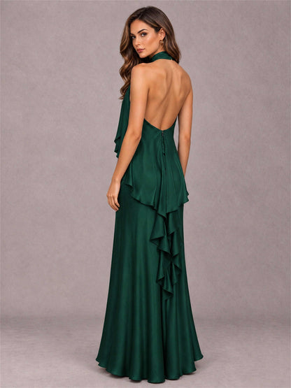 High Neck Sheath Satin Sleeveless Floor-Length Wedding Guest Dress