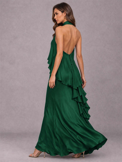 High Neck Sheath Satin Sleeveless Floor-Length Wedding Guest Dress