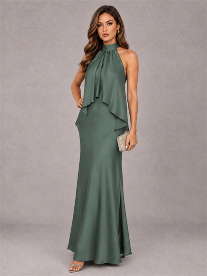 High Neck Sheath Satin Sleeveless Floor-Length Wedding Guest Dress