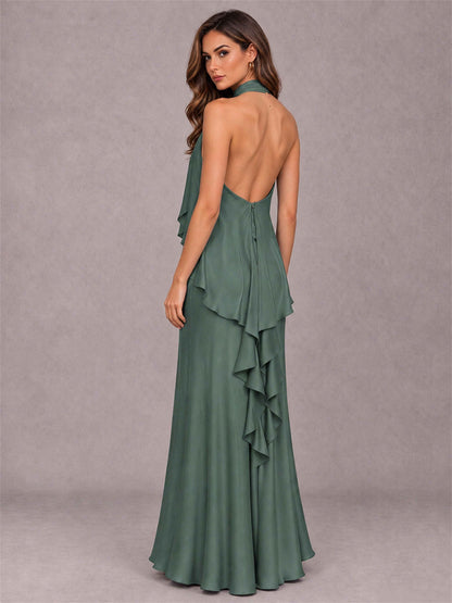 High Neck Sheath Satin Sleeveless Floor-Length Wedding Guest Dress