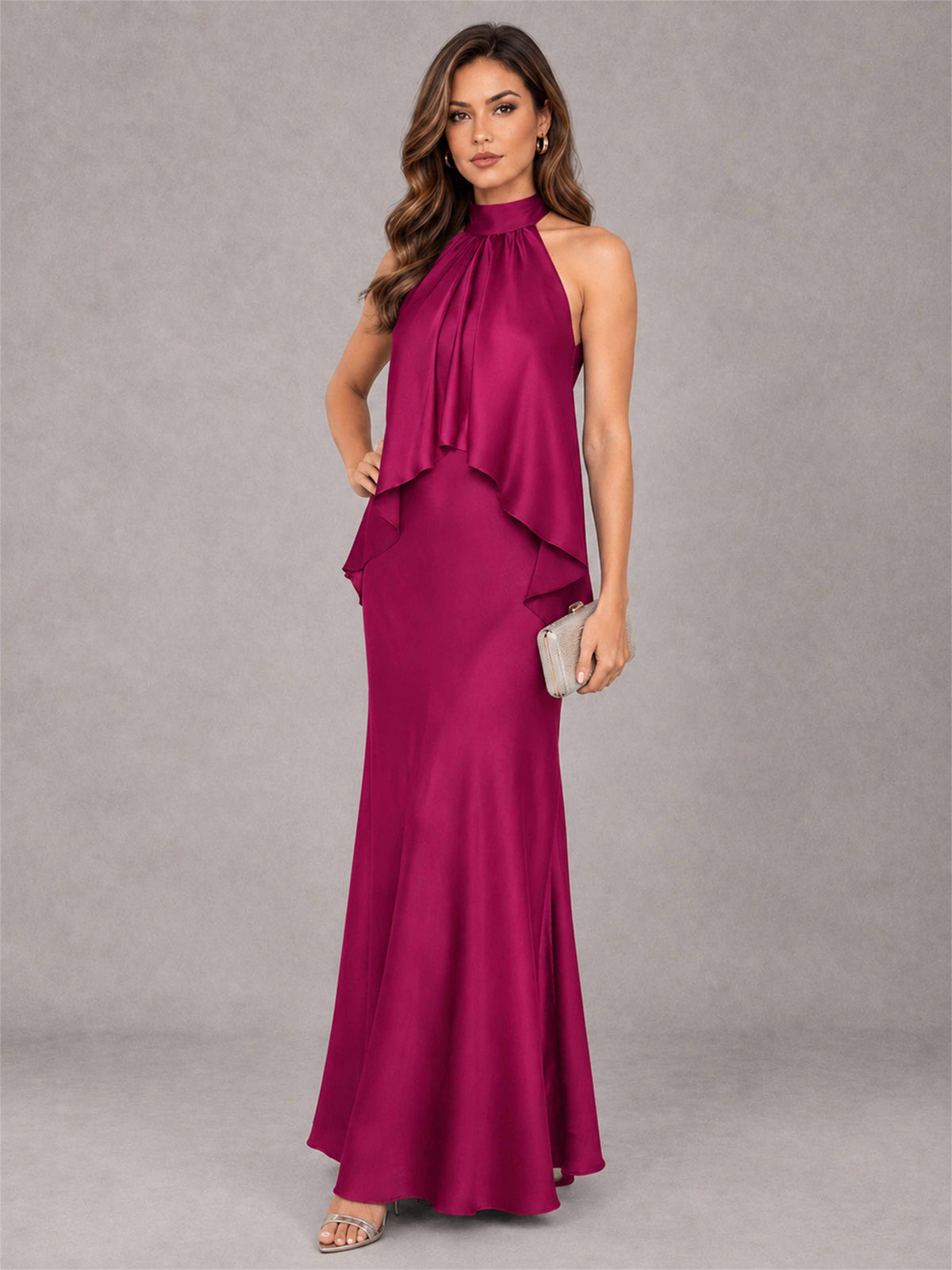 High Neck Sheath Satin Sleeveless Floor-Length Wedding Guest Dress