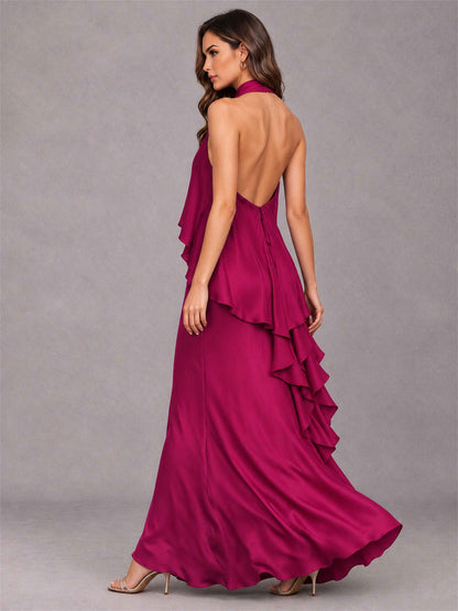 High Neck Sheath Satin Sleeveless Floor-Length Wedding Guest Dress