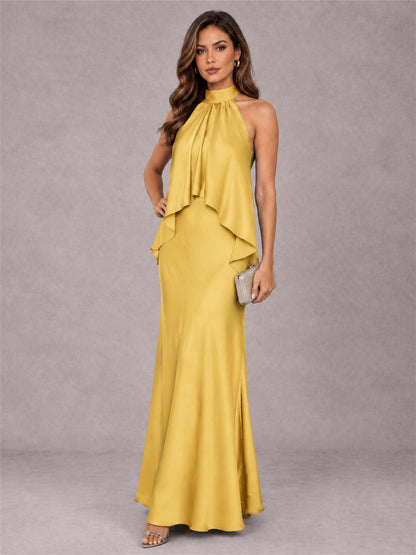 High Neck Sheath Satin Sleeveless Floor-Length Wedding Guest Dress