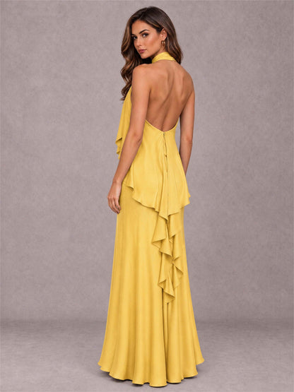 High Neck Sheath Satin Sleeveless Floor-Length Wedding Guest Dress