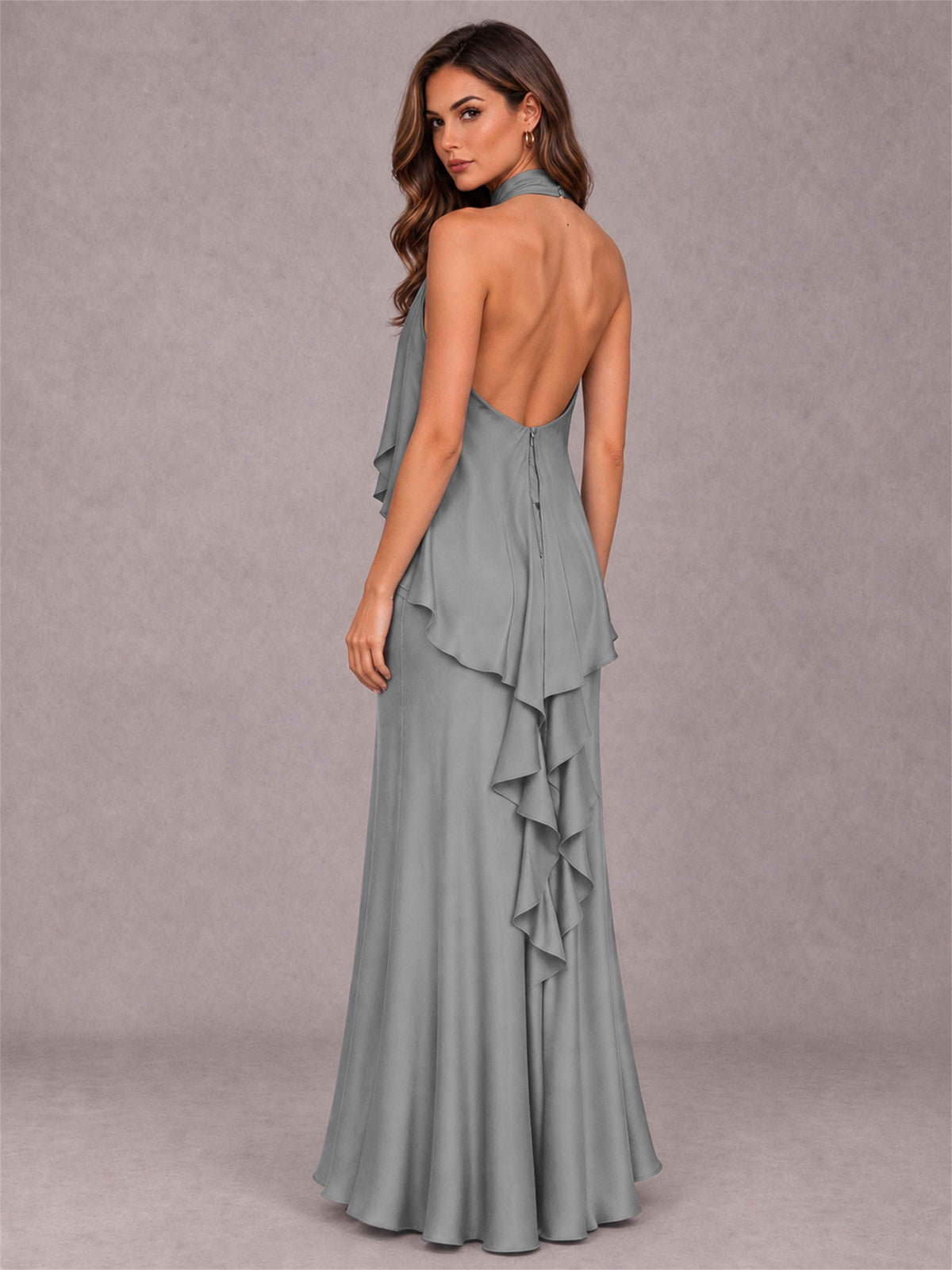 High Neck Sheath Satin Sleeveless Floor-Length Wedding Guest Dress