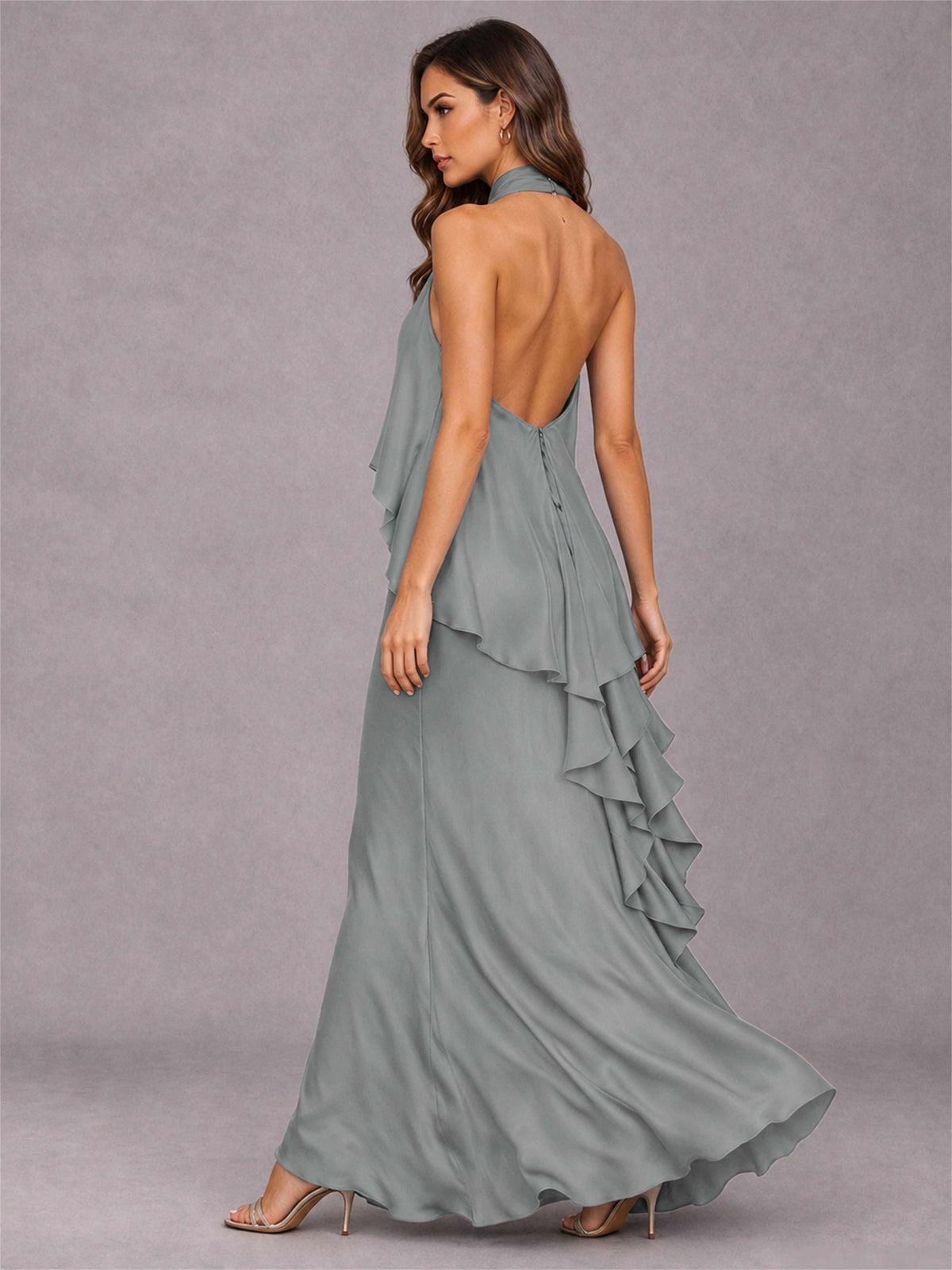 High Neck Sheath Satin Sleeveless Floor-Length Wedding Guest Dress